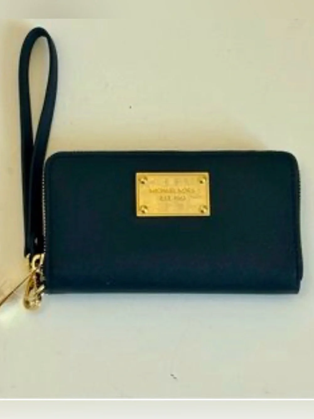 Michael Kors Blue Leather Zip Wristlet with Gold Plaque